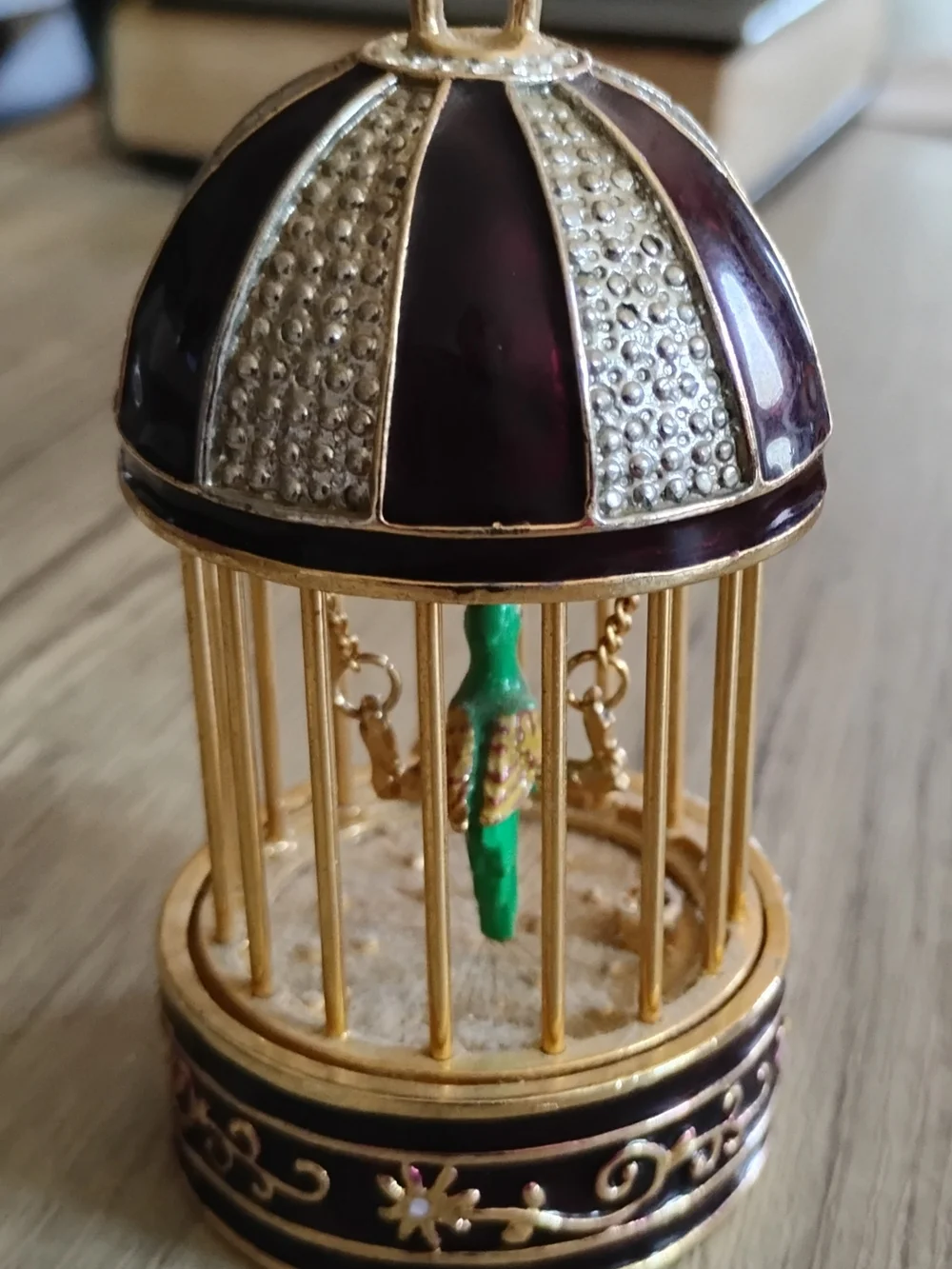 Elgin Clock Gold & Burgundy Enamel Birdcage With Green Bird On Swing Paperweight